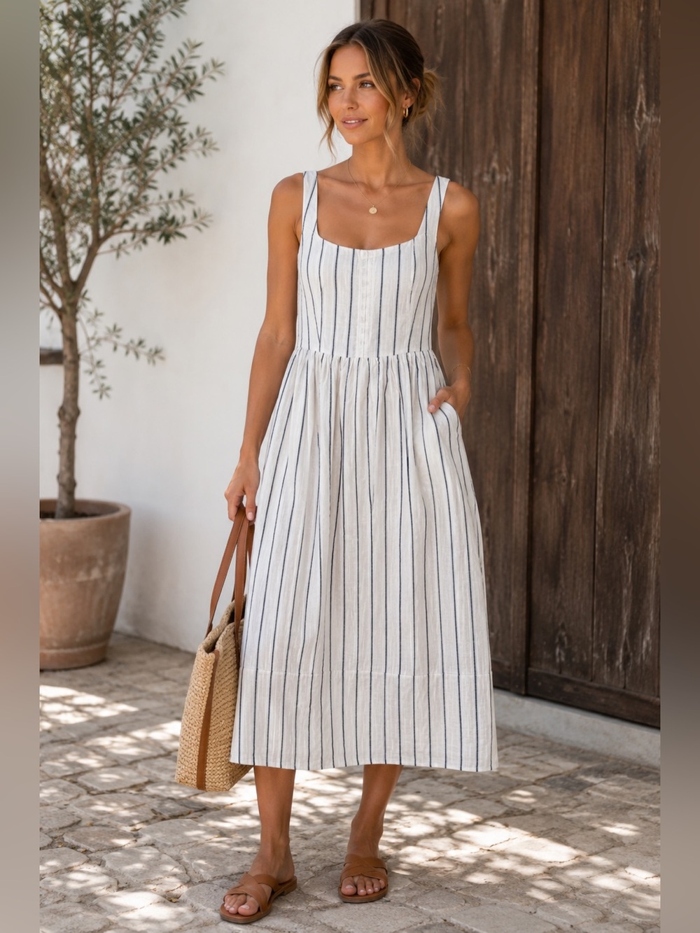 Striped white/cream and blue linen blend Midi Dress with Navy Pinstripes